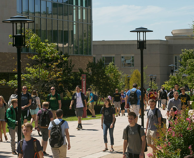 First day of classes on campus around the library